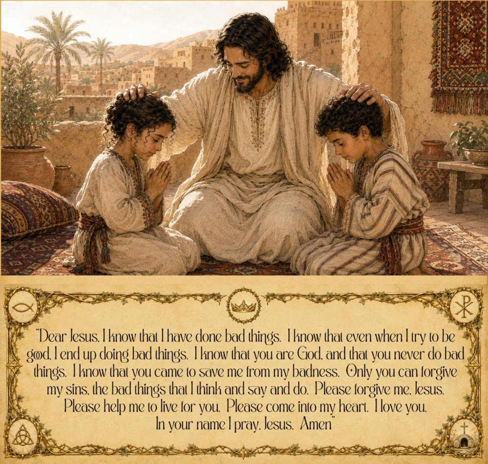 Illustration from My Heritage: two children pray with Jesus