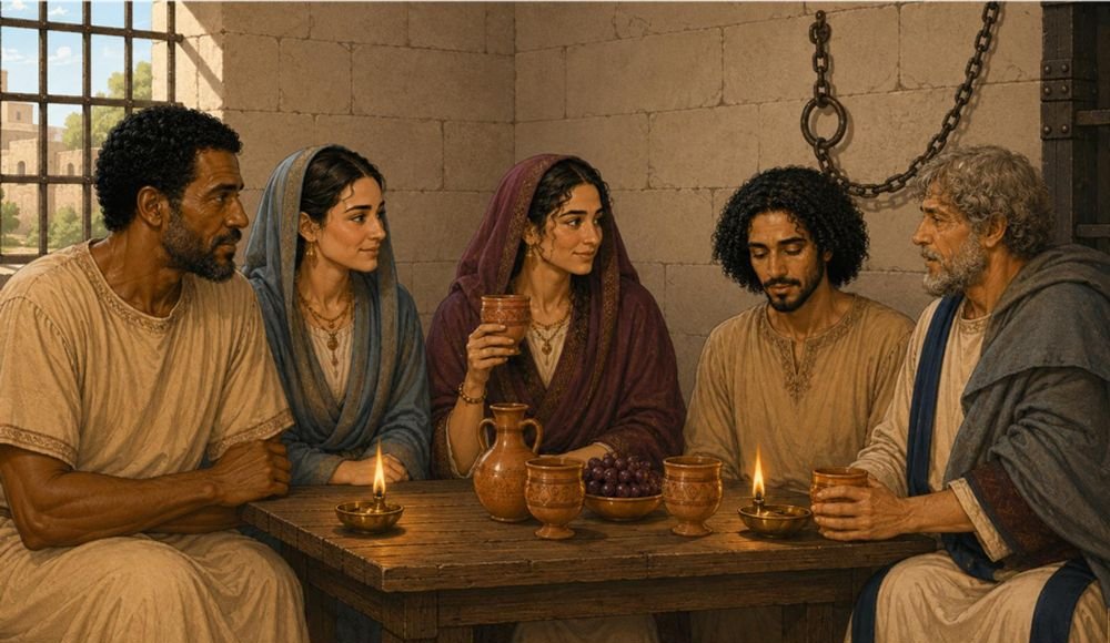 Illustration from My Heritage: Perpetua and her friends share communion in prison